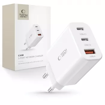 Tech-Protect NC30W 3-Port USB-C & USB-A Wandladegerät 30W Weiß