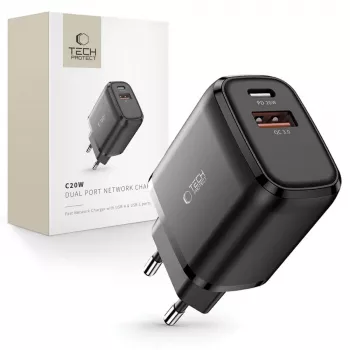 TECH-PROTECT C20W 2-Port Netzwerkladegerät PD20W/QC3.0 Schwarz