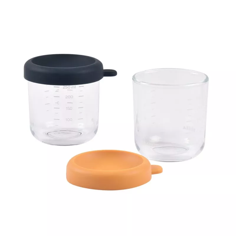 BEABA Glass Jar Set mit Deckeln 2 x 250 ml Night Blue/Honey