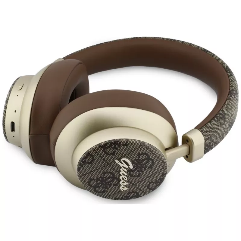 Guess GUE005457 Over-Ear Bluetooth-Kopfhörer mit ENC, Braun, Gold Script Metal Design