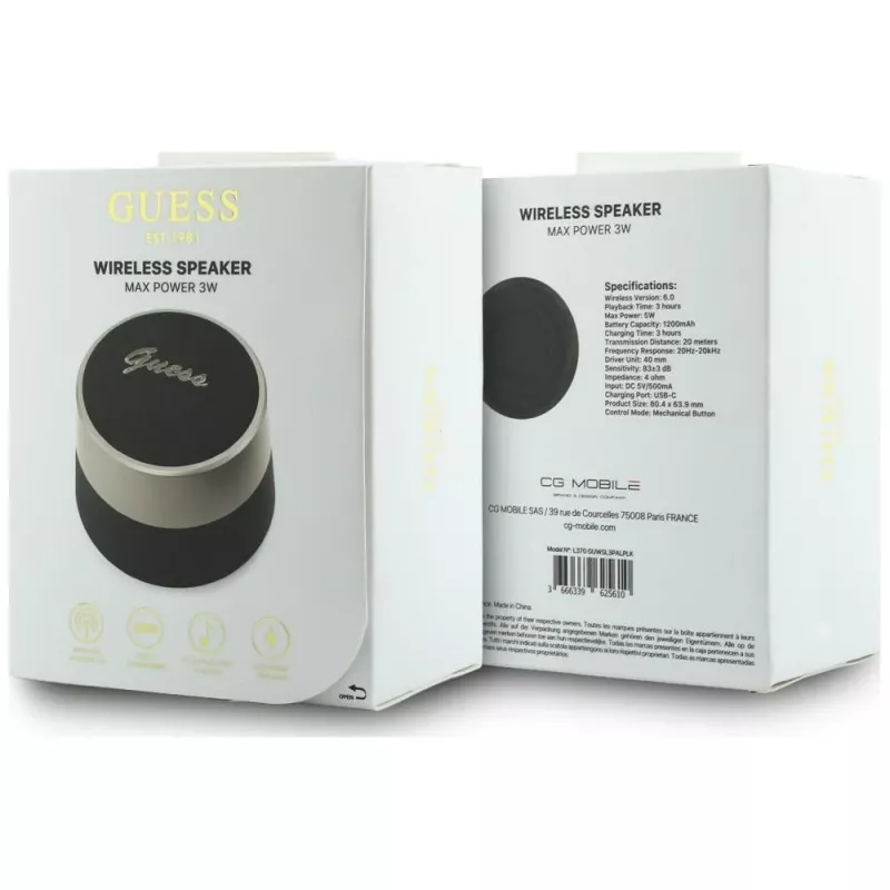 GUESS Bluetooth Lautsprecher 5W Script MetalLogo Schwarz