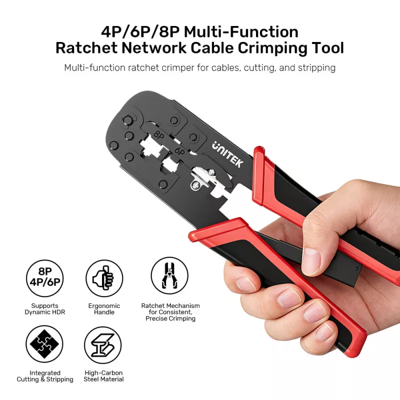 UNITEK Ratschen-Netzwerk-Crimpzange für CAT6-Stecker (8P/6P/4P)