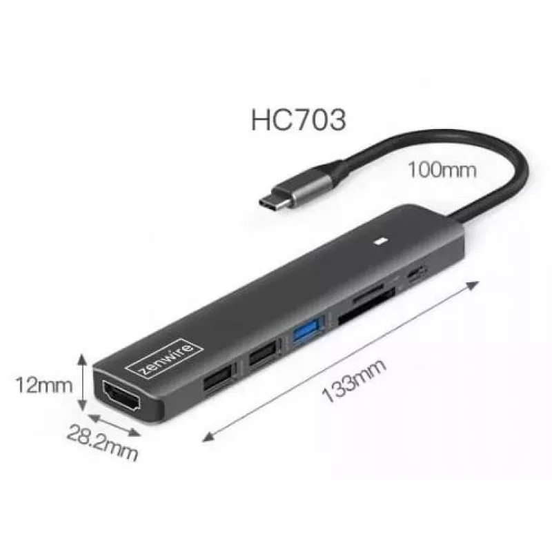 ZENWIRE BS-HC703 USB-C 7-in-1 Hub Adapter mit HDMI 4K, USB 3.0, SD, PD