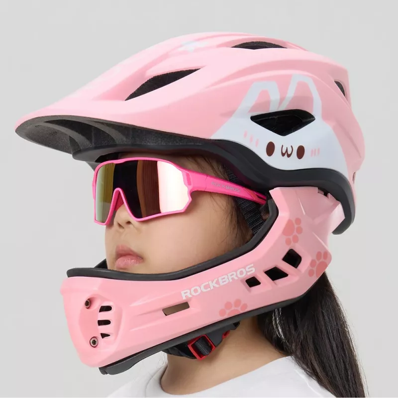 ROCKBROS TT-32002 Rabbit Kinder-Konvertierhelm mit abnehmbarem Kinnschutz, Größe M (54-58 cm), Pink