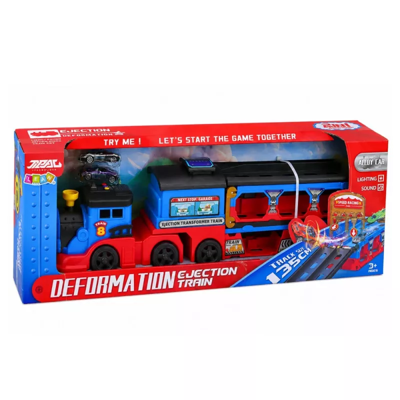 LEAN TOYS Lokomotiv-Transporter mit Autos, Schienen, Abschussrampe, Lichtern und Geräuschen