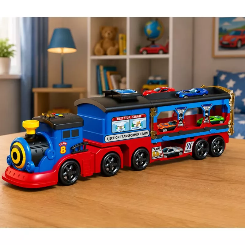 LEAN TOYS Lokomotiv-Transporter mit Autos, Schienen, Abschussrampe, Lichtern und Geräuschen