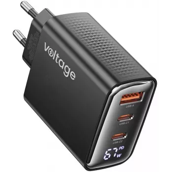 Voltage GaN Charger 67W PD 3.0 QC 4.0 USB-A 2x USB-C Digital Display Schwarz