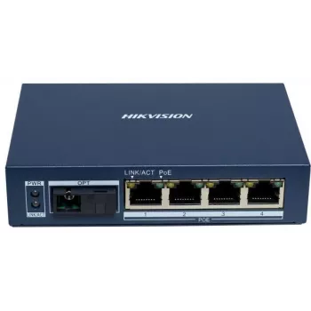 Hikvision DS-3D504TP-A Gigabit PoE Glasfaser-Transceiver, 4 PoE-Ports, 1 SC-Glasfaserport