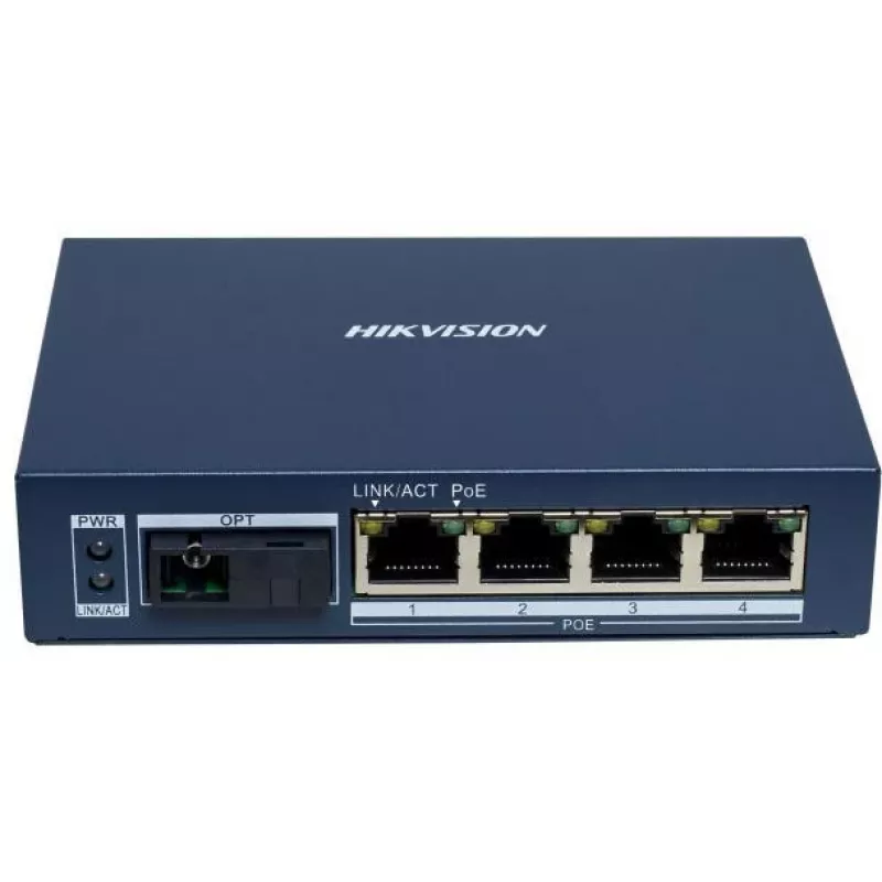 Hikvision DS-3D504TP-A Gigabit PoE Glasfaser-Transceiver, 4 PoE-Ports, 1 SC-Glasfaserport