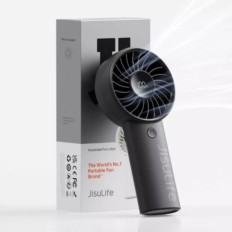 JISULIFE Handheld Fan 4 Schwarz - Tragbarer USB-wiederaufladbarer Mini-Ventilator mit 3 Geschwindigkeiten, klappbarem Design