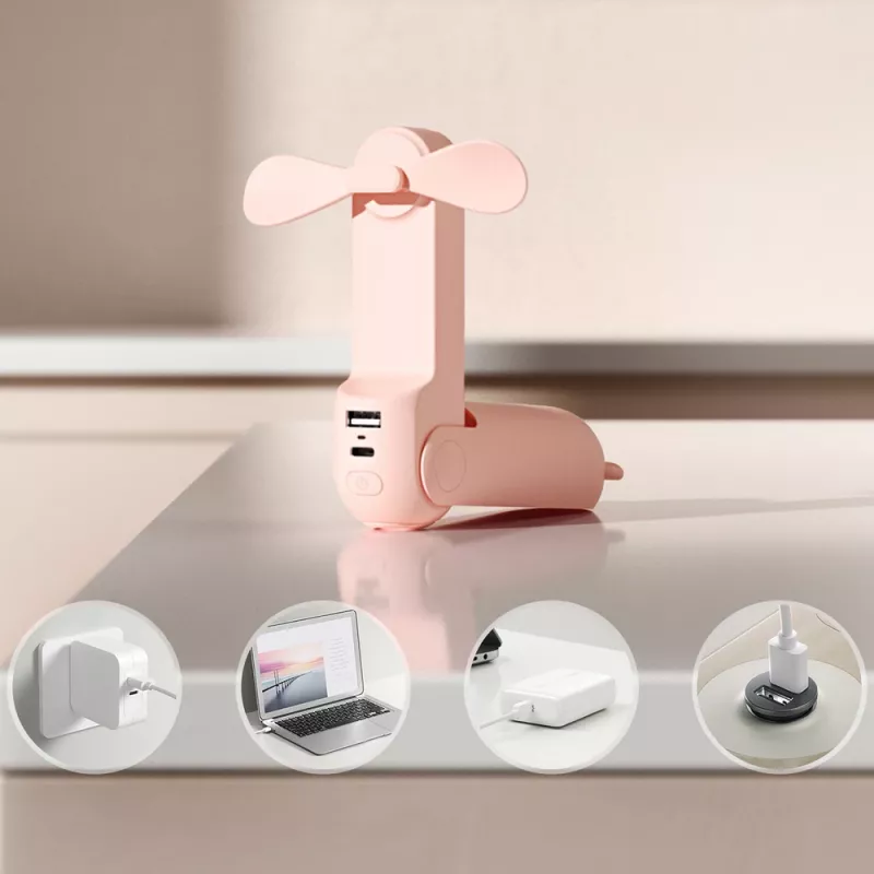Jisulife Life8 Handheld Fan Tragbarer USB-Ventilator mit Powerbank 2000mAh und Taschenlampe - Pink