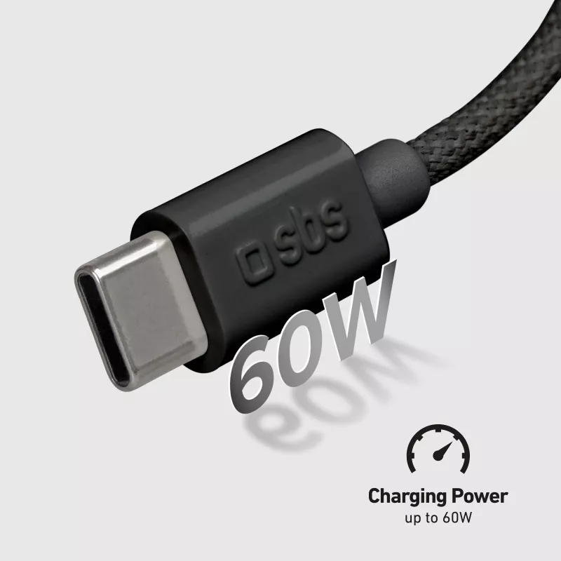 SBS TECABLETISSUETCCK USB-C auf USB-C geflochtenes Kabel 1,5 m 60 W PD Schnellladen & Datensynchronisierung - Schwarz