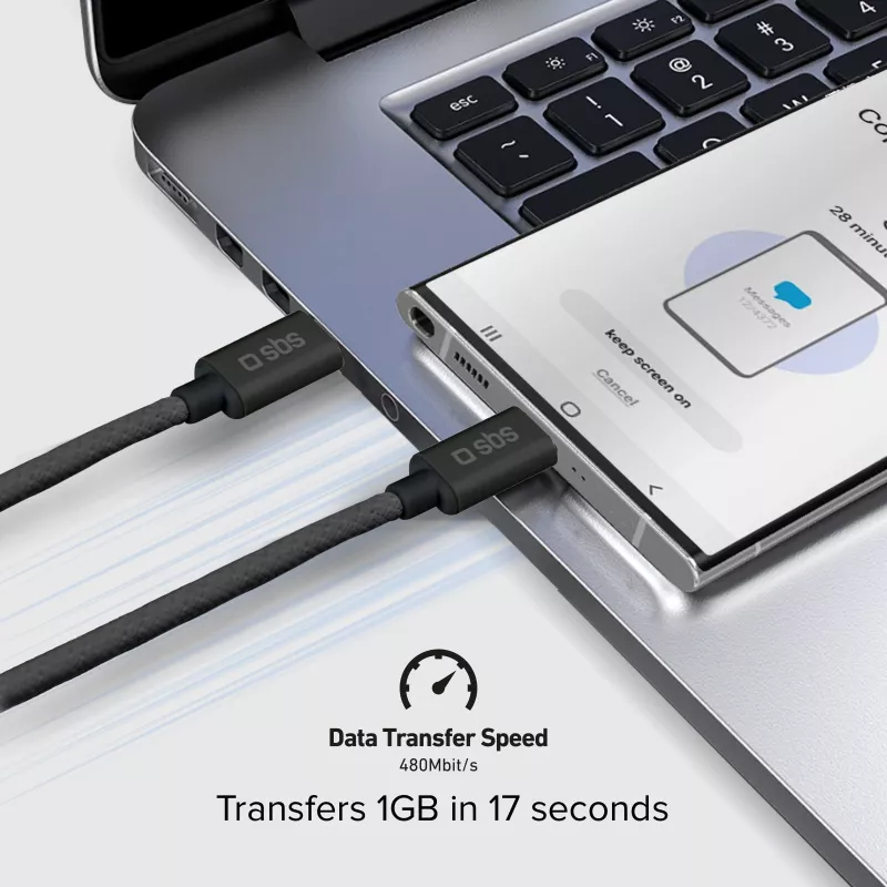 SBS TECABLETISSUETCCK USB-C auf USB-C geflochtenes Kabel 1,5 m 60 W PD Schnellladen & Datensynchronisierung - Schwarz