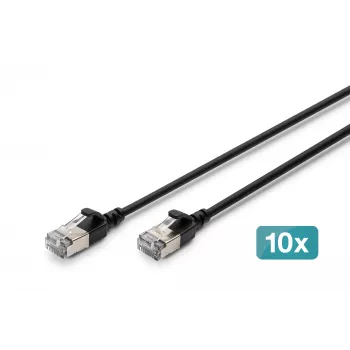 DIGITUS CAT 6A F/FTP Slim Patchkabel, 0,3 m, Schwarz, 10er-Pack, LSZH, 10 Gbit/s, 500 MHz