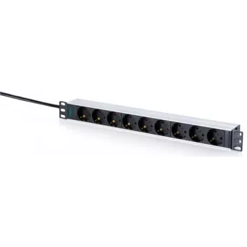 DIGITUS 9-fach Schuko Steckdosenleiste mit Aluminiumprofil, 1U Rackmontage, 2m Kabel, 16A, 3680W, Schwarz/Silber