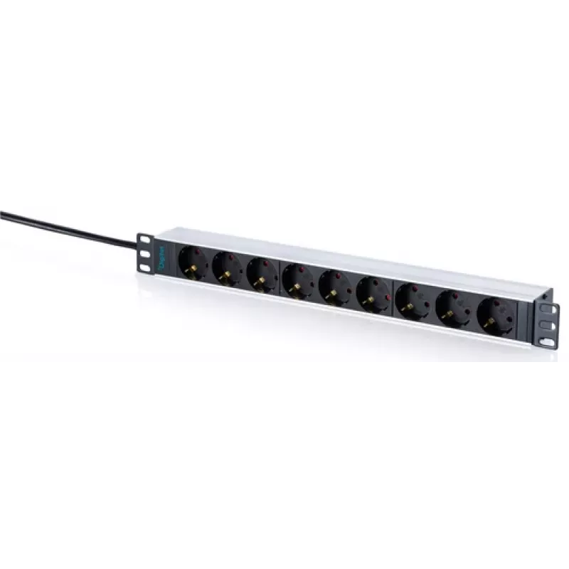 DIGITUS 9-fach Schuko Steckdosenleiste mit Aluminiumprofil, 1U Rackmontage, 2m Kabel, 16A, 3680W, Schwarz/Silber