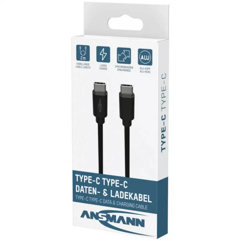 ANSMANN USB-C auf USB-C Daten- und Ladekabel 2m Schwarz 60W PD