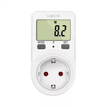 LogiLink Energiekostenmessgerät, 1,5 inch LCD-Display, Einzeltarif, Schuko-Stecker, Weiß