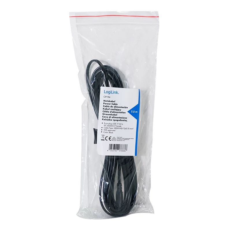LogiLink Netzkabel Eurostecker CEE 7/16 auf IEC C7 Schwarz 7,5 m