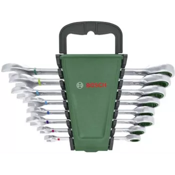 Bosch 8-teiliger Kombinations-Ratschenschlüsselsatz mit 72-Zahn-Umschaltknarre, Chrom-Vanadium, metrisch 8-19 mm, grün/schwarzer Koffer