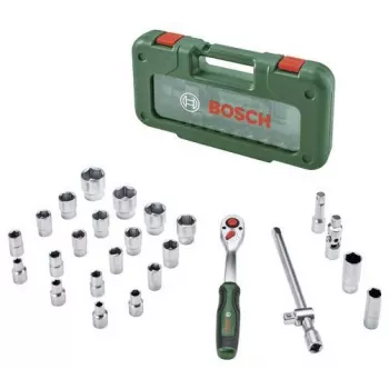 Bosch 1/2 inch Ratsche und Steckschlüsselsatz, 26-teilig, 768 Nm max. Drehmoment, grüner Koffer