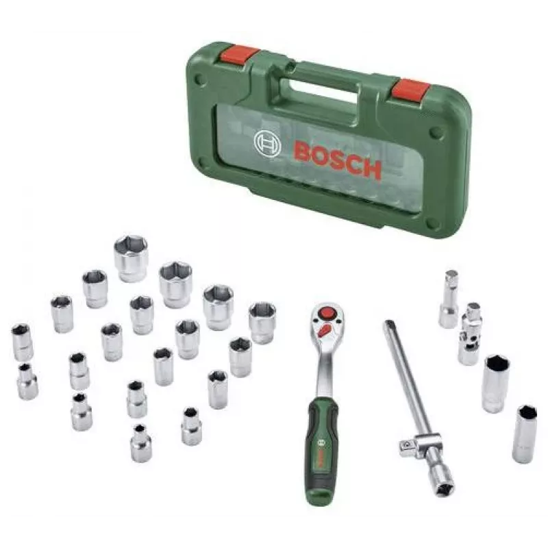 Bosch 1/2 inch Ratsche und Steckschlüsselsatz, 26-teilig, 768 Nm max. Drehmoment, grüner Koffer