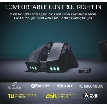 CORSAIR Ironclaw Wireless SE Gaming-Maus - 26.000 DPI, optisch, SLIPSTREAM Wireless, Bluetooth, USB, RGB, Schwarz