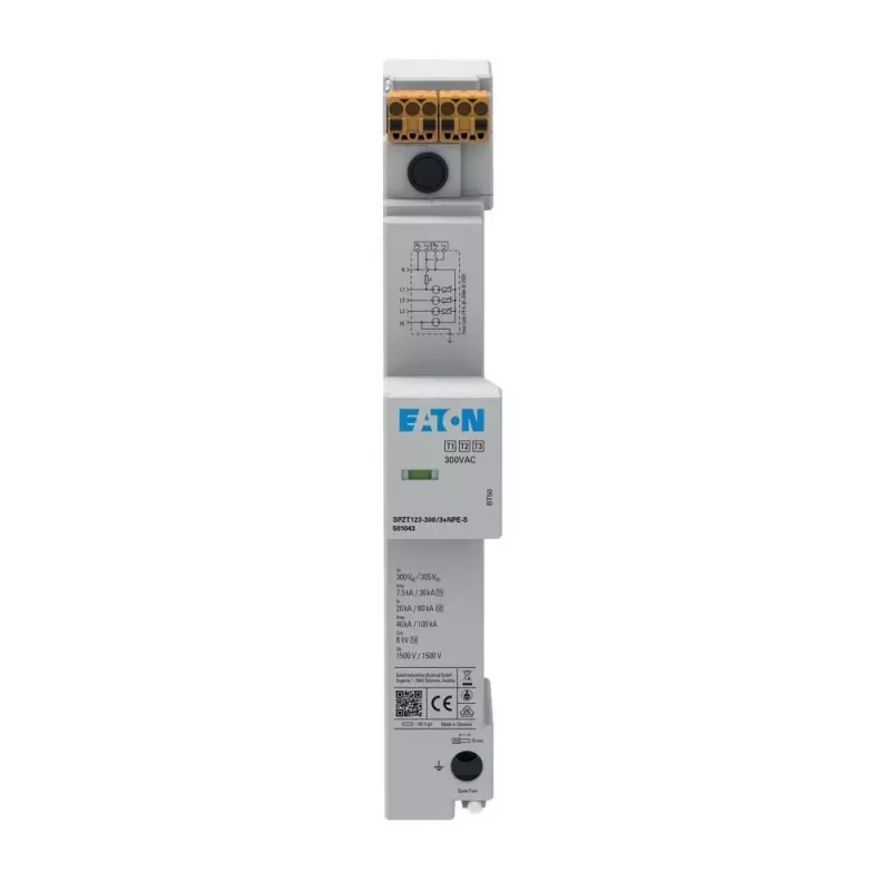 Eaton SPZT123-300/3+NPE-S Typ 2 Überspannungsableiter für 40mm Sammelschiene, 3+NPE, 300V, 20kA/40kA