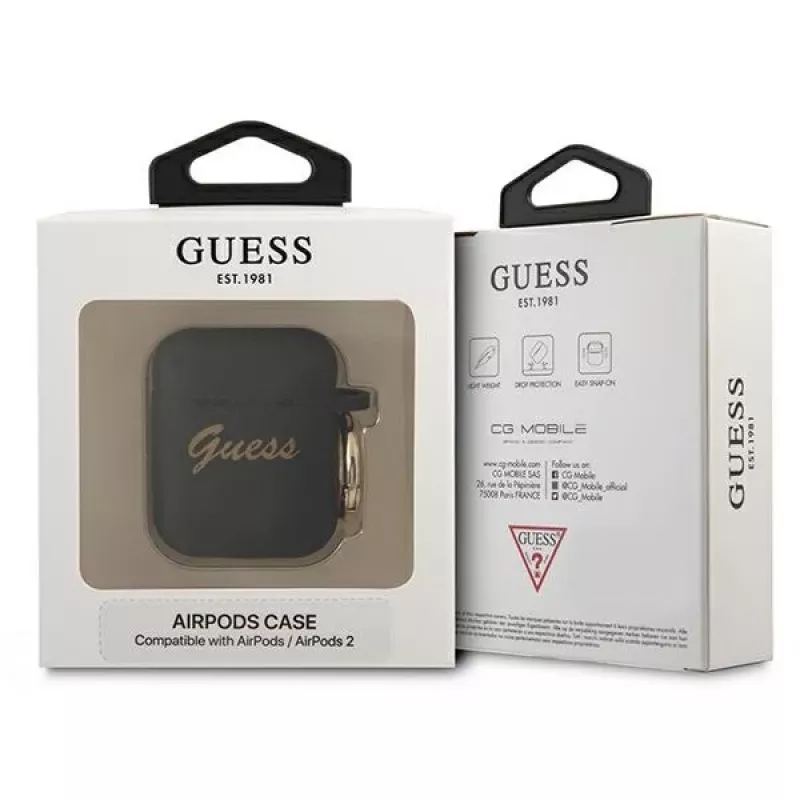 Guess GUA2SSSK AirPods 1/2 Hülle Schwarz Silikon Vintage Script
