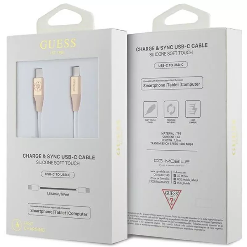 GUESS GUCCLALRGDD USB-C auf USB-C Kabel 1,5 m Schnellladen Hellgold Geprägtes Logo