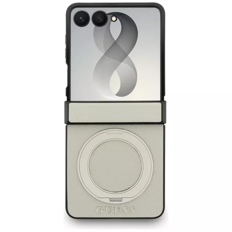 Guess Magnetic Ring Stand Grained Classic Logo MagSafe Hülle für Samsung Galaxy Z Flip 8, Beige