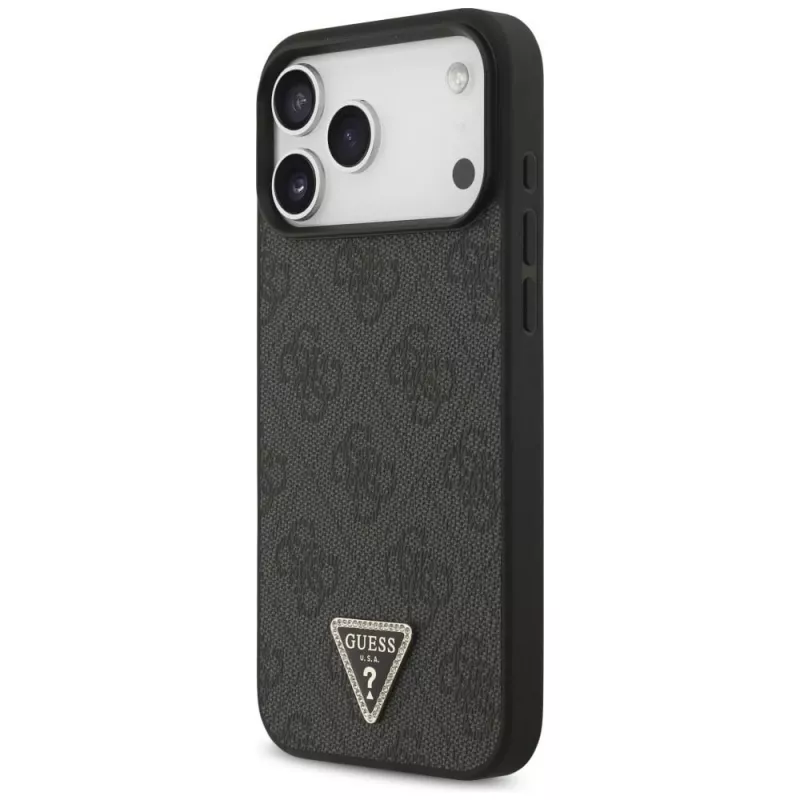 GUESS Leder 4G Triangle Strass MagSafe Case für iPhone 18 Pro Max / 17 Pro Max - Schwarz