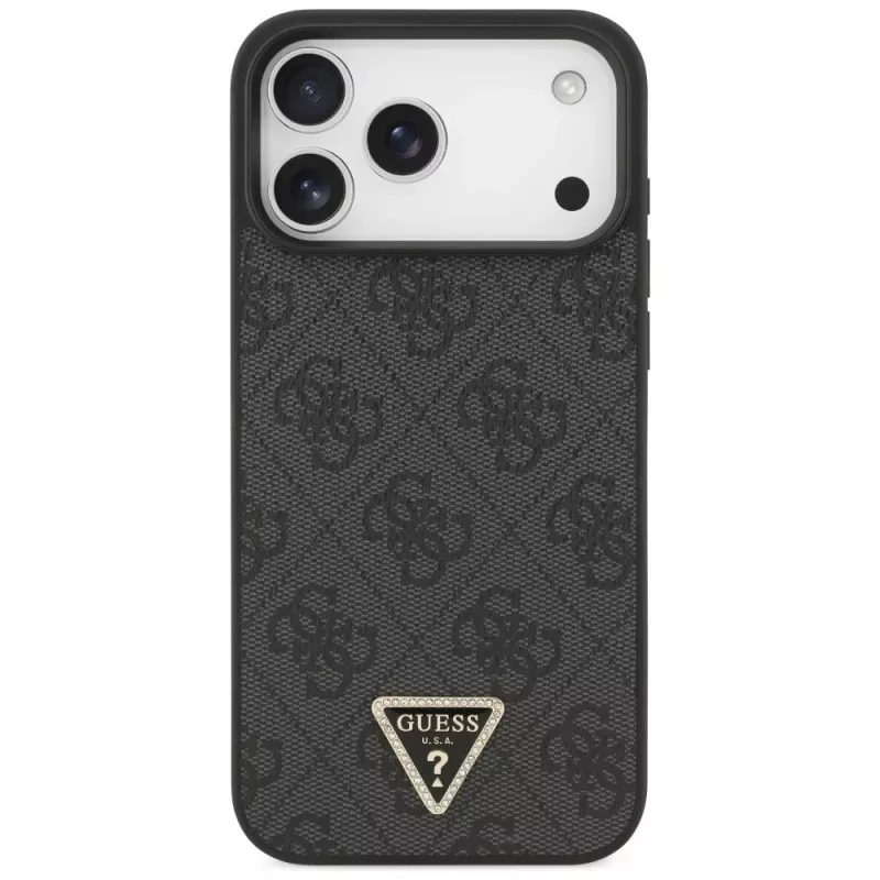GUESS Leder 4G Triangle Strass MagSafe Case für iPhone 18 Pro Max / 17 Pro Max - Schwarz