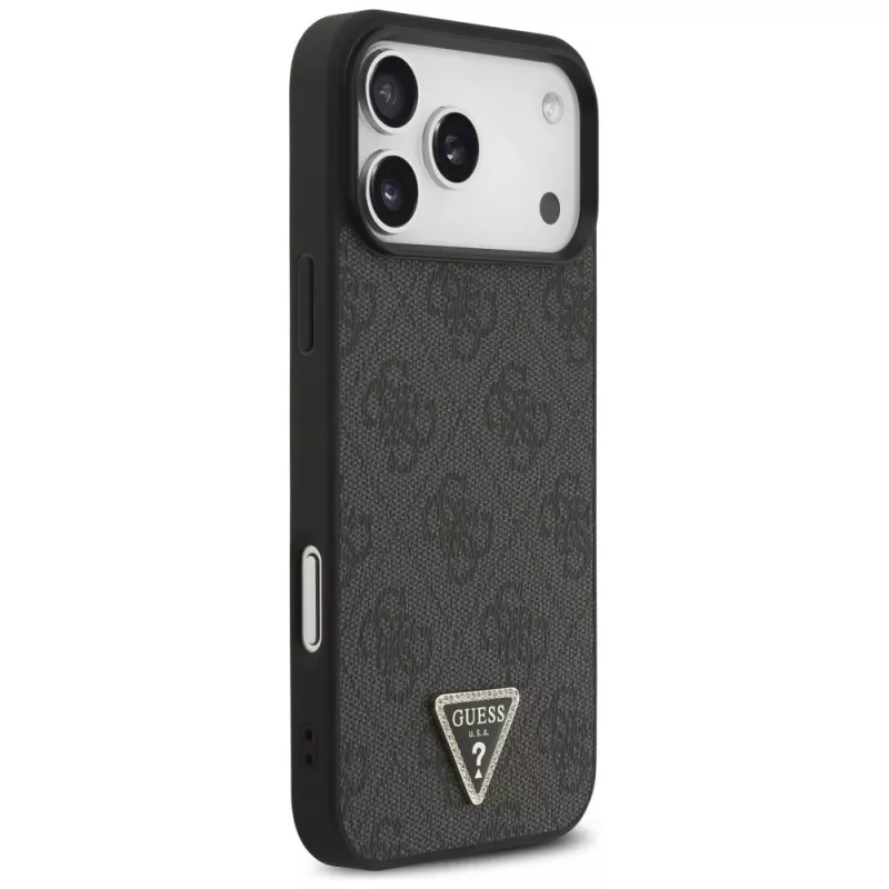 GUESS Leder 4G Triangle Strass MagSafe Case für iPhone 18 Pro Max / 17 Pro Max - Schwarz