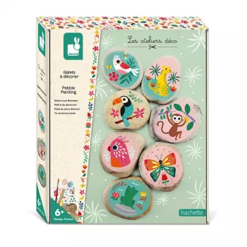 Janod Steinmalerei Kreativ-Set – 6 Natursteine, 6 Acrylfarben, 2 Pinsel, Glitzer, Wackelaugen, Aufkleber – ab 6 Jahren