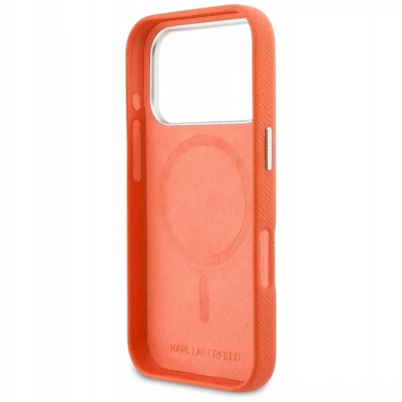 Karl Lagerfeld Karl & Choupette Head Pins Saffiano MagSafe Hülle für iPhone 17 Pro - Orange
