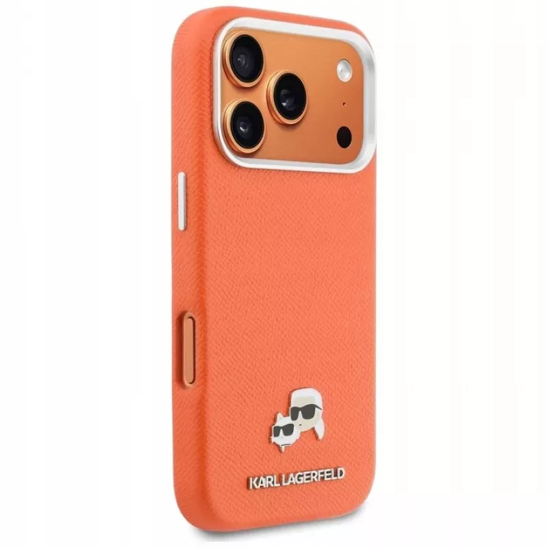 Karl Lagerfeld Karl & Choupette Head Pins Saffiano MagSafe Hülle für iPhone 17 Pro - Orange