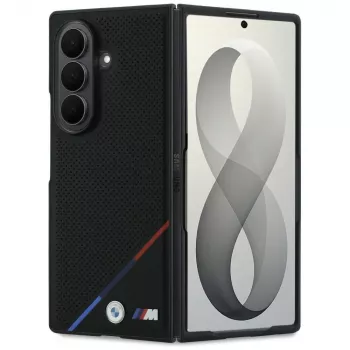 BMW M Leder perforiert mit dreifarbigem Streifen und Metall-Logos MagSafe-Hülle für Samsung Galaxy Z Fold8 Ultra – Schwarz