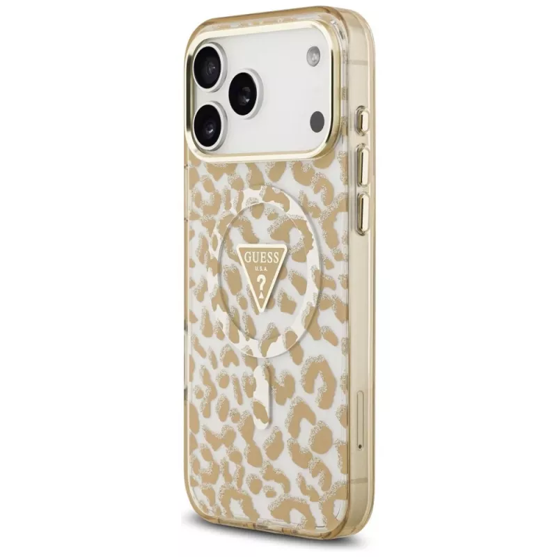 GUESS IML Leopard Glitter Triangle Logo MagSafe-Hülle für iPhone 18 Pro / 17 Pro, Braun