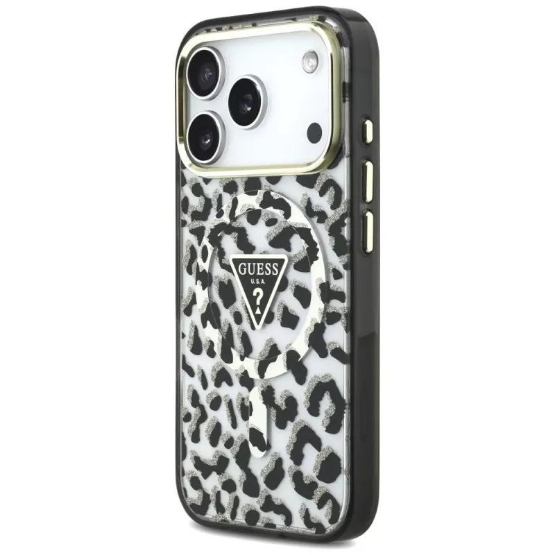 GUESS IML Leopard Glitter Triangle Logo MagSafe Hülle für iPhone 18 Pro / 17 Pro - Schwarz