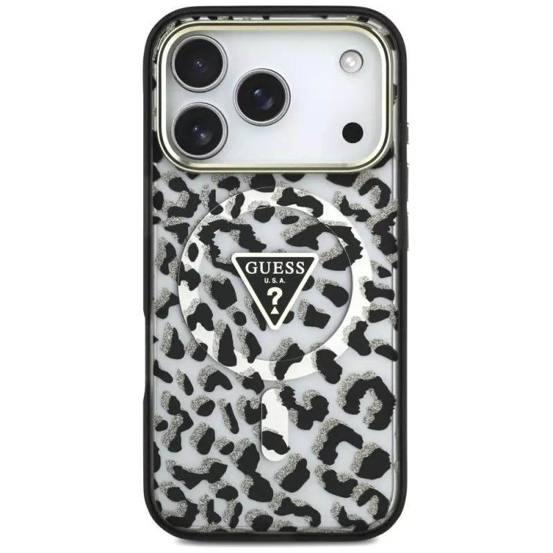 GUESS IML Leopard Glitter Triangle Logo MagSafe Hülle für iPhone 18 Pro / 17 Pro - Schwarz