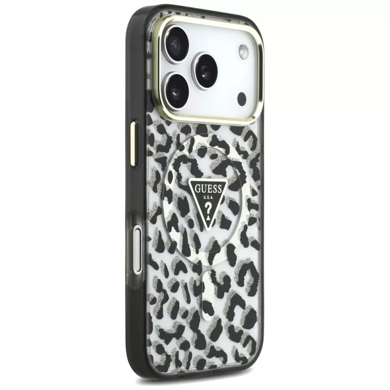 GUESS IML Leopard Glitter Triangle Logo MagSafe Hülle für iPhone 18 Pro / 17 Pro - Schwarz