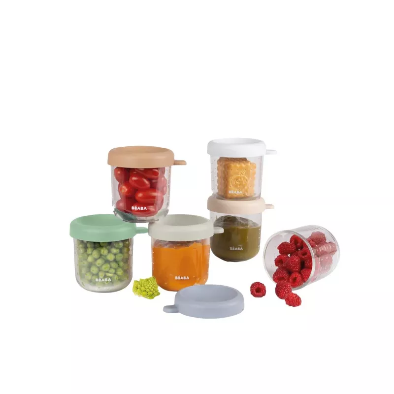 Beaba Glas-Babynahrungsgläser-Set mit luftdichten Deckeln, 6 x 250 ml, Naturfarben-Mix