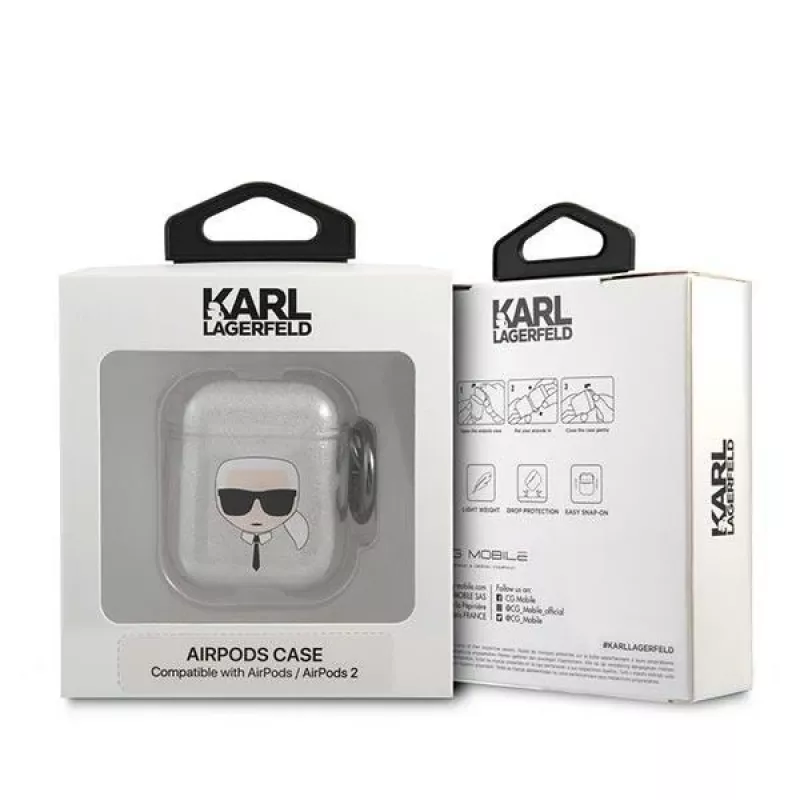 Karl Lagerfeld KLA2UKHGS AirPods 1/2 Hülle Silber Glitzer Karl's Head