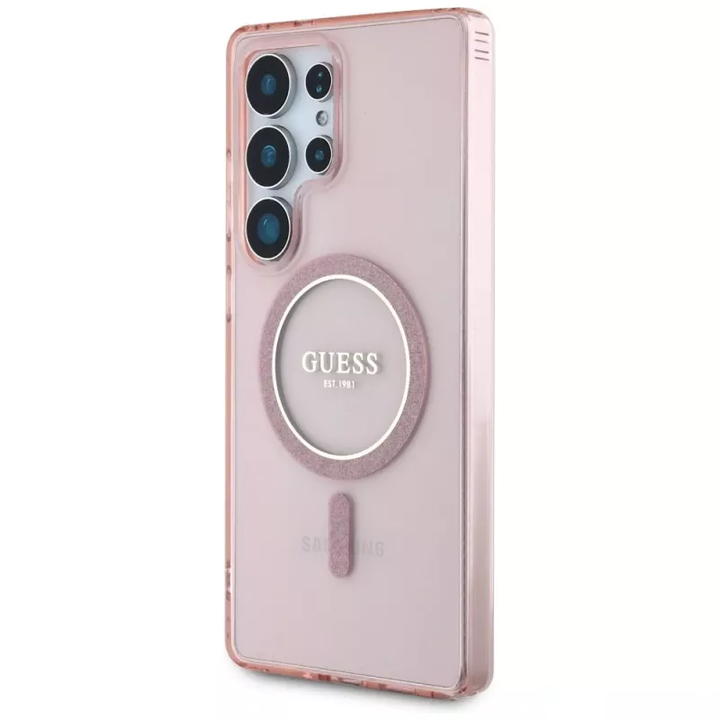 GUESS Glitter Circle Classic Logo MagSafe-Hülle für Samsung Galaxy S25 Ultra - Pink