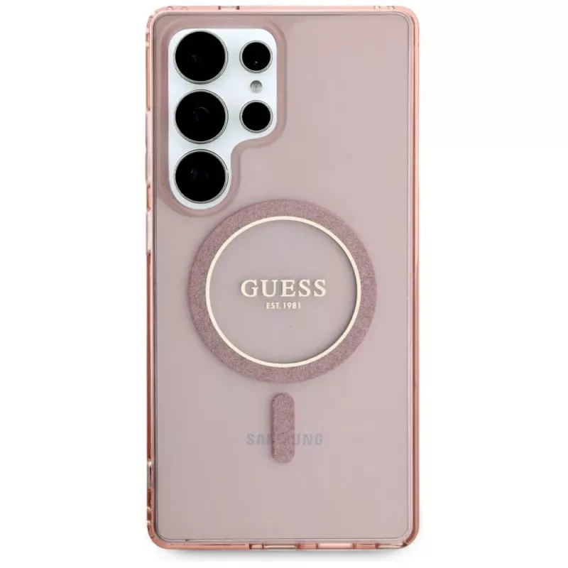 GUESS Glitter Circle Classic Logo MagSafe-Hülle für Samsung Galaxy S25 Ultra - Pink