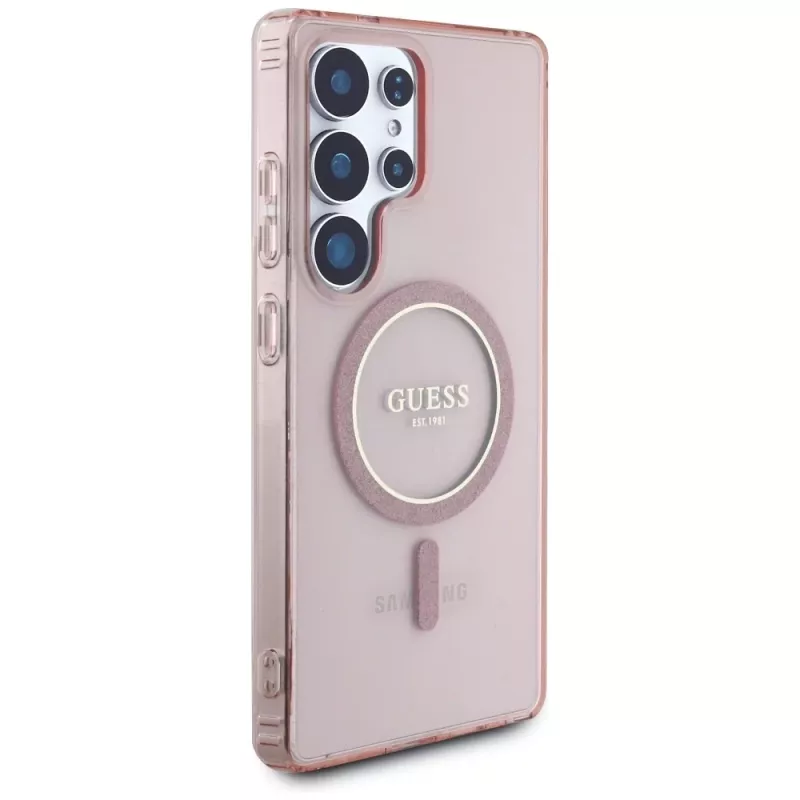 GUESS Glitter Circle Classic Logo MagSafe-Hülle für Samsung Galaxy S25 Ultra - Pink