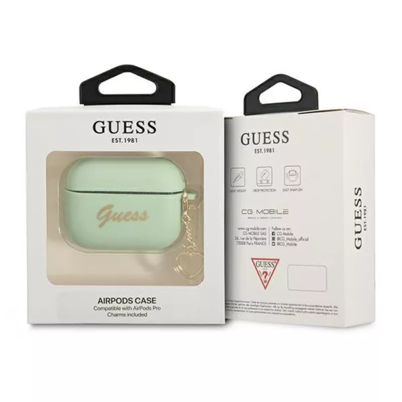 GUESS GUAPLSCHSN AirPods Pro Hülle Grün Silikon Charm Heart Collection