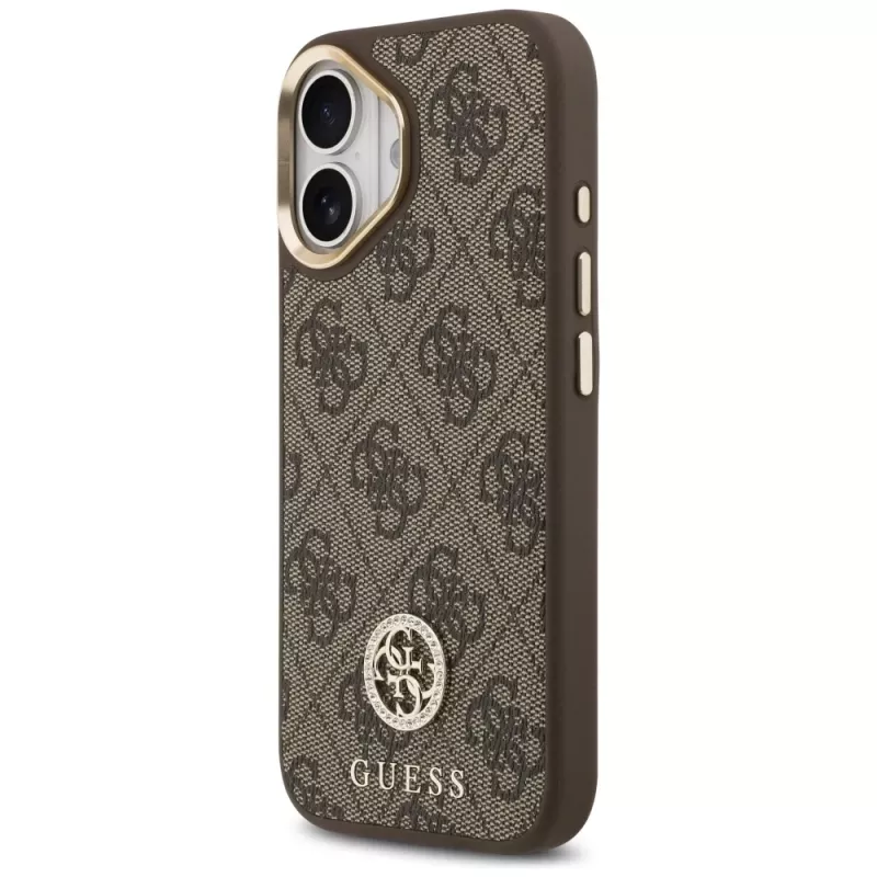 GUESS 4G Strass Logo & Big Strap Metal Buttons MagSafe Hülle für iPhone 17 - Braun