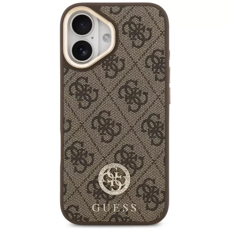 GUESS 4G Strass Logo & Big Strap Metal Buttons MagSafe Hülle für iPhone 17 - Braun